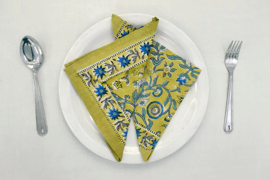Hand Block Printed Cotton Napkins | Elegant Table Linen- Olive Green and Blue