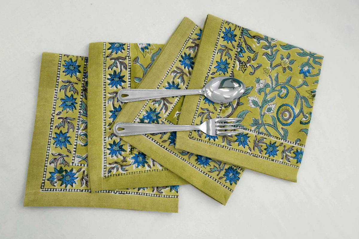 Hand Block Printed Cotton Napkins | Elegant Table Linen- Olive Green and Blue