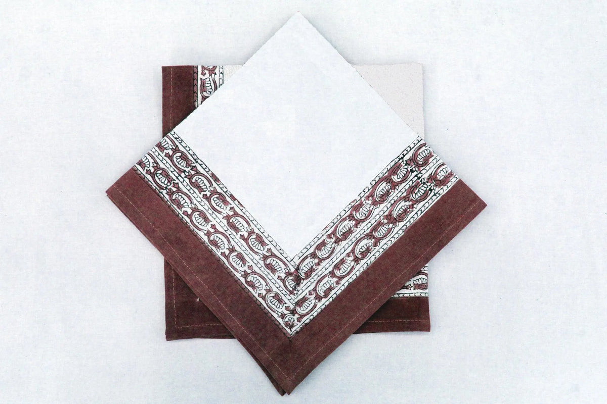 Hand Block Printed Cotton Napkins | Elegant Table Linen- Maroon and White