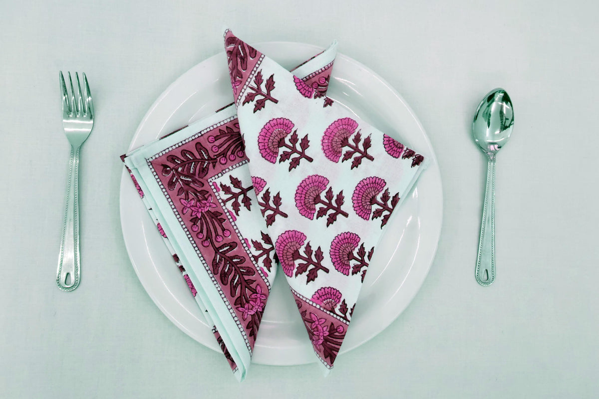 Hand Block Printed Cotton Napkins | Elegant Table Linen- Pink and Brown