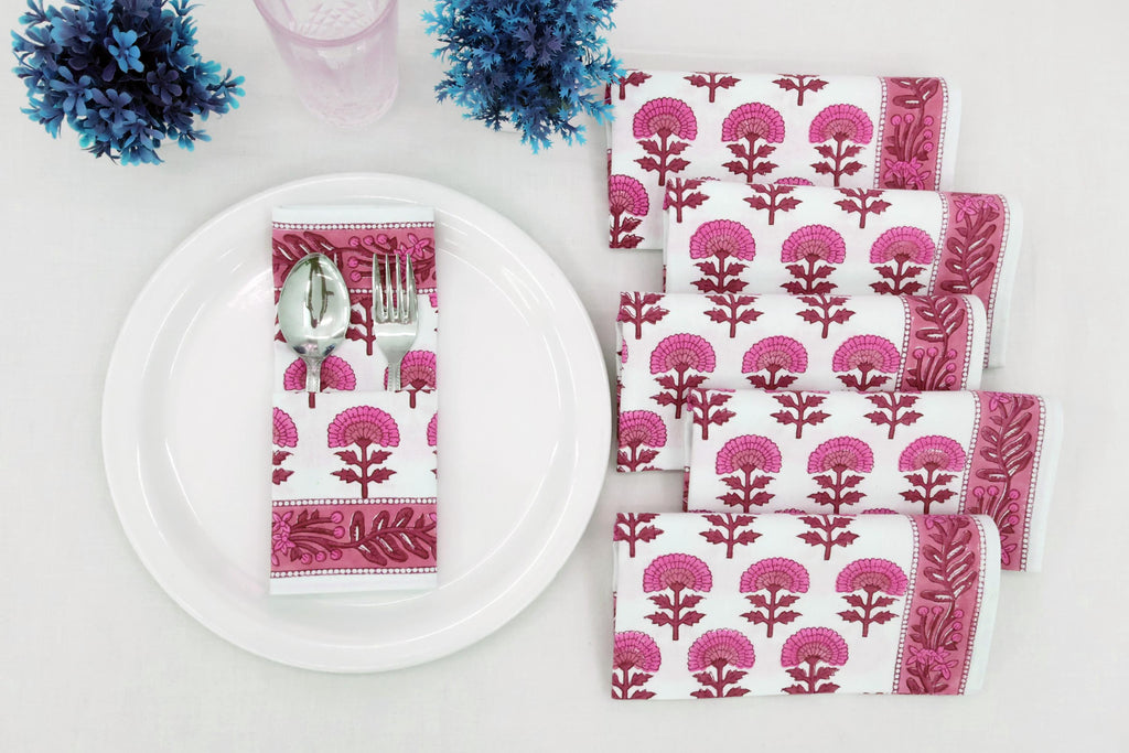Hand Block Printed Cotton Napkins | Elegant Table Linen- Pink and Brown