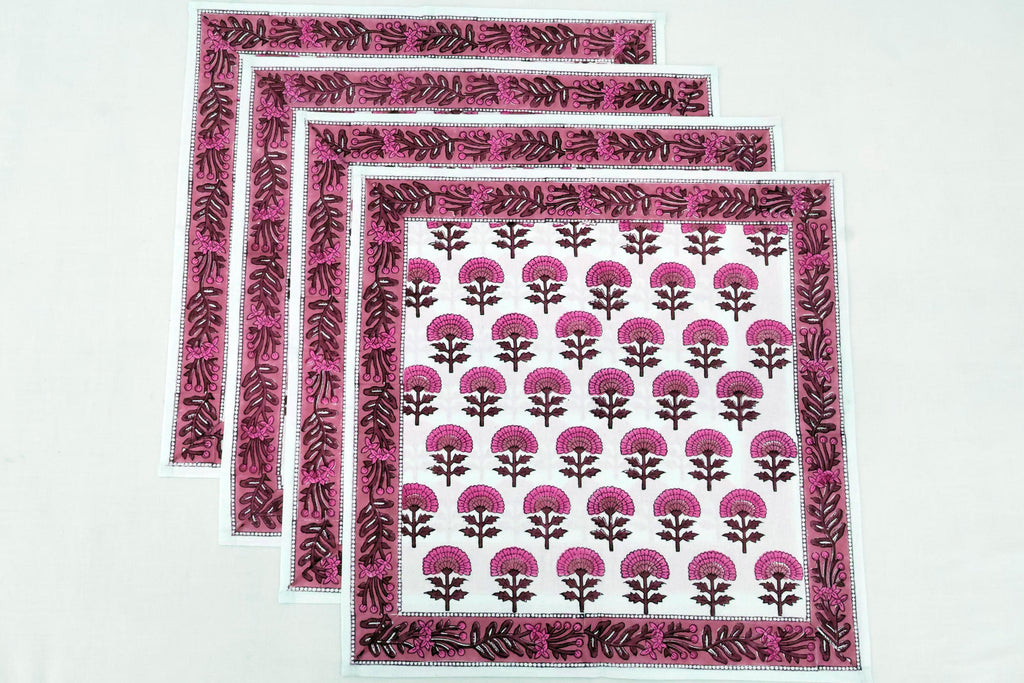 Hand Block Printed Cotton Napkins | Elegant Table Linen- Pink and Brown
