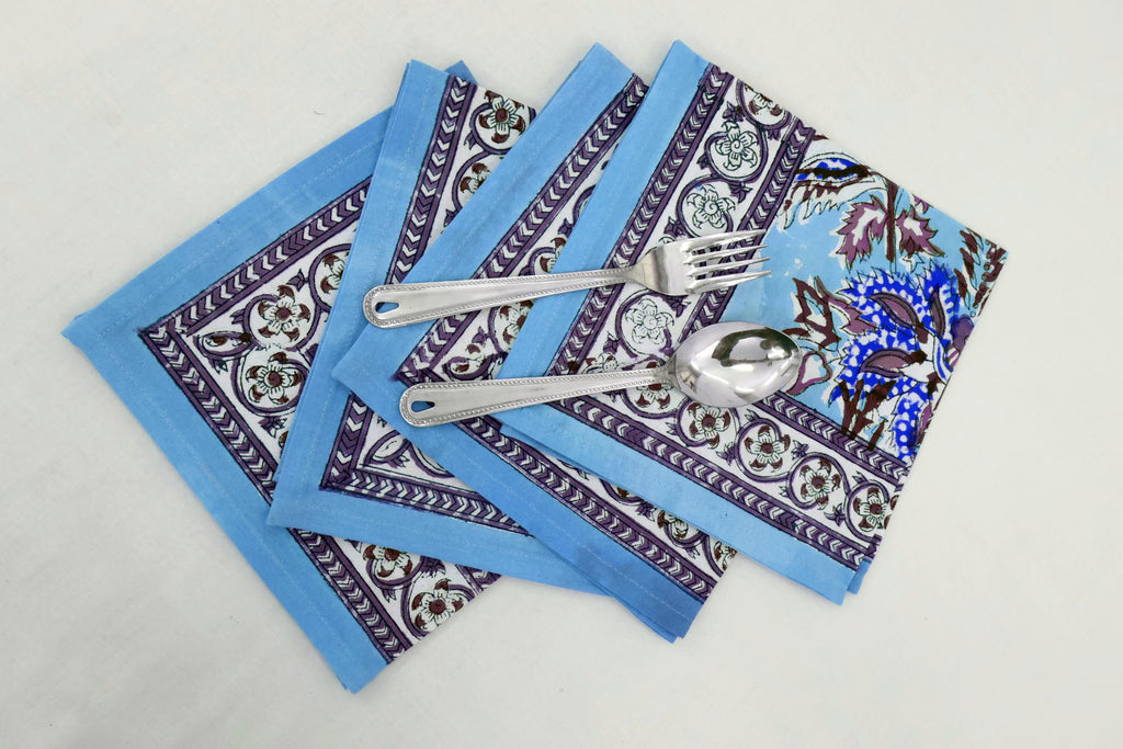 Hand Block Printed Cotton Napkins | Elegant Table Linen- Sky-Blue and  Purple