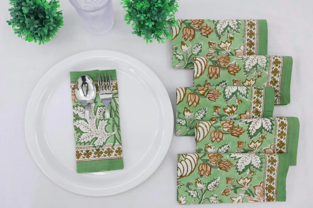 Hand Block Printed Cotton Napkins | Elegant Table Linen- Green and Yellow