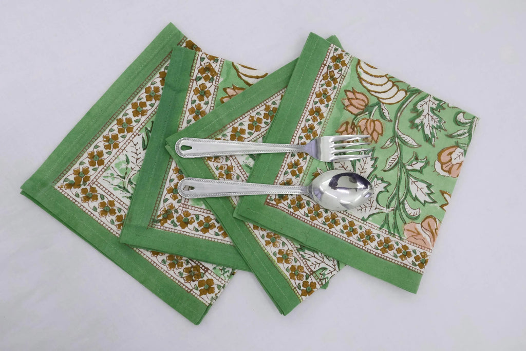 Hand Block Printed Cotton Napkins | Elegant Table Linen- Green and Yellow