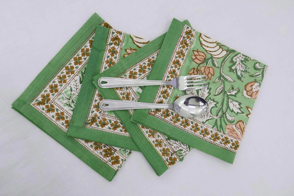 Hand Block Printed Cotton Napkins | Elegant Table Linen- Green and Yellow