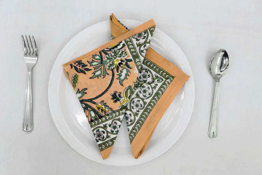 Hand Block Printed Cotton Napkins | Elegant Table Linen- Orange, Green and Yellow