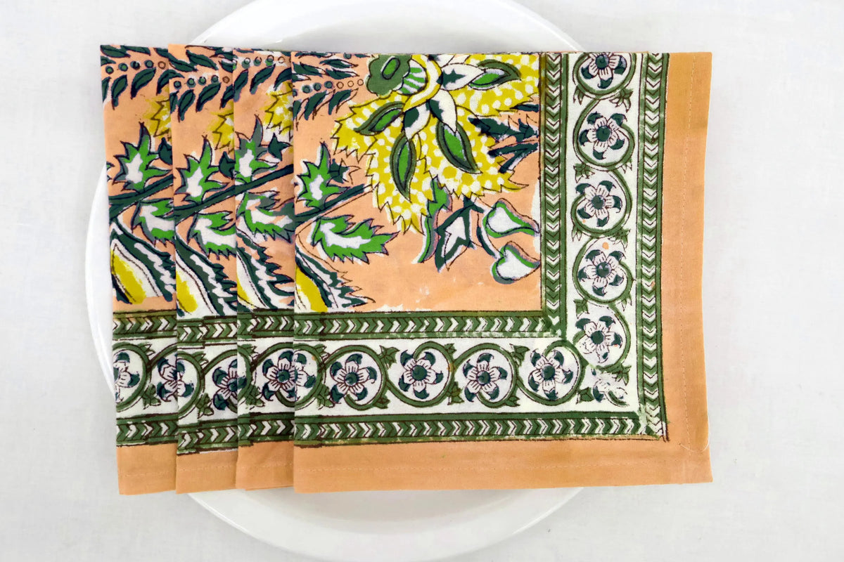 Hand Block Printed Cotton Napkins | Elegant Table Linen- Orange, Green and Yellow