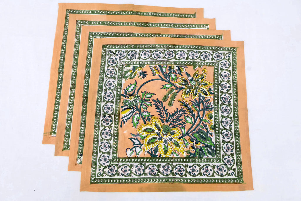 Hand Block Printed Cotton Napkins | Elegant Table Linen- Orange, Green and Yellow