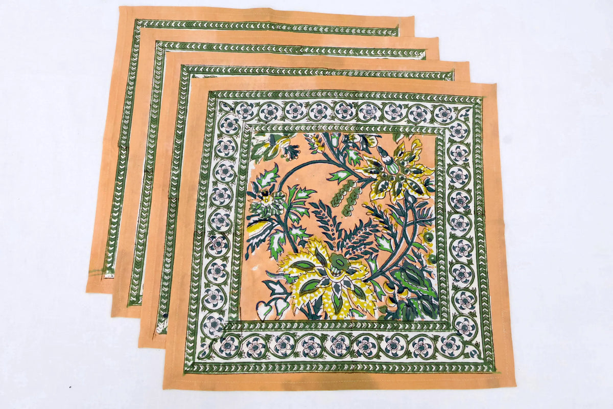 Hand Block Printed Cotton Napkins | Elegant Table Linen- Orange, Green and Yellow