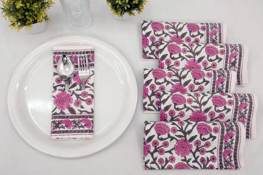 Hand Block Printed Cotton Napkins | Elegant Table Linen- Pink and White