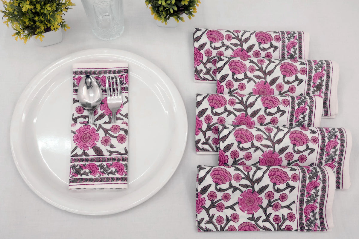 Hand Block Printed Cotton Napkins | Elegant Table Linen- Pink and White