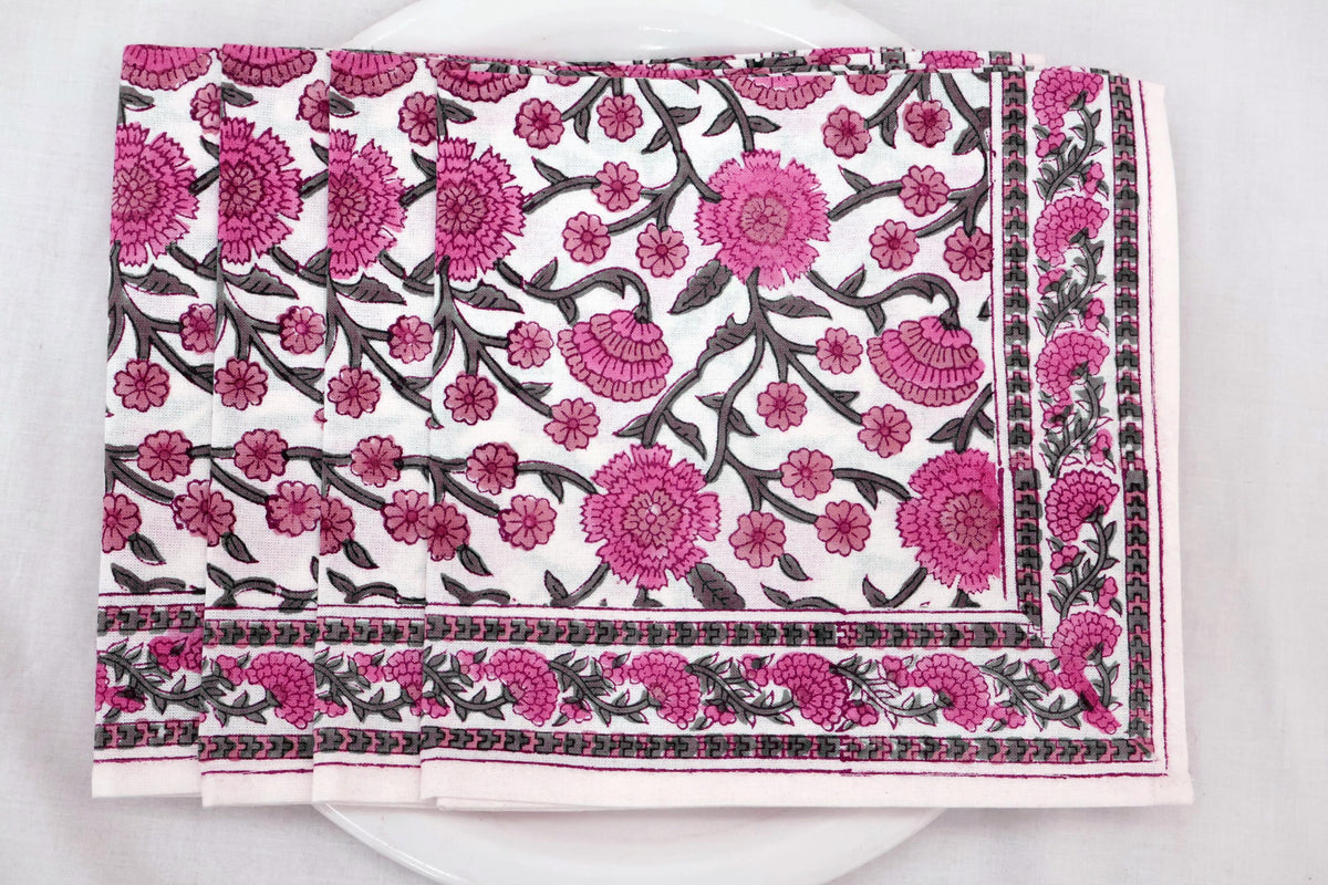 Hand Block Printed Cotton Napkins | Elegant Table Linen- Pink and White