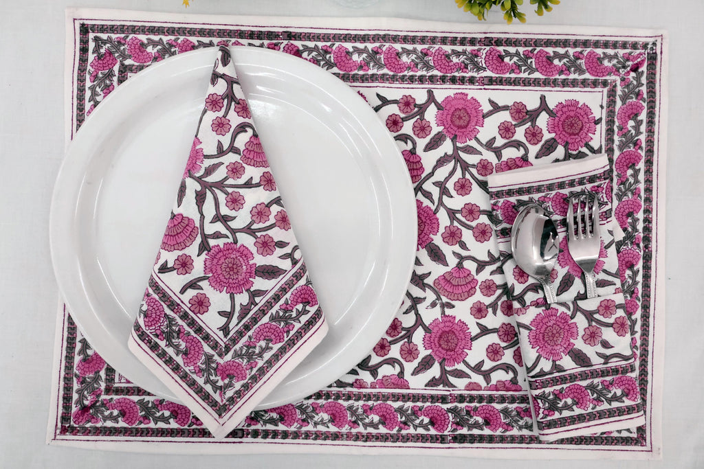 Hand Block Printed Cotton Napkins | Elegant Table Linen- Pink and White