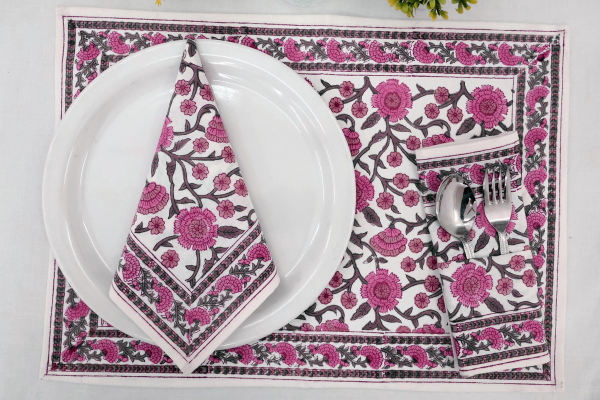 Hand Block Printed Cotton Napkins | Elegant Table Linen- Pink and White
