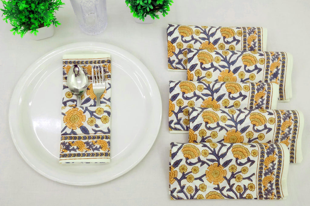 Hand Block Printed Cotton Napkins | Elegant Table Linen- Yellow and Blue