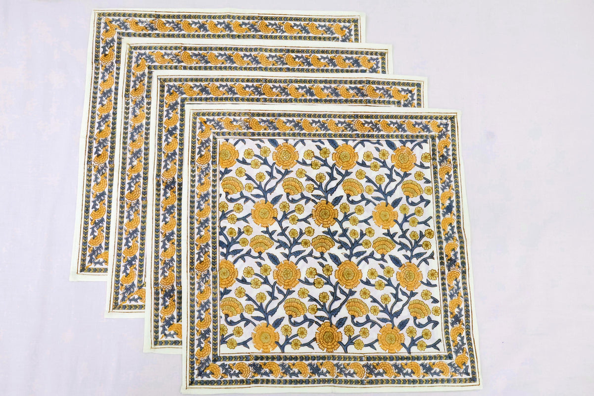 Hand Block Printed Cotton Napkins | Elegant Table Linen- Yellow and Blue