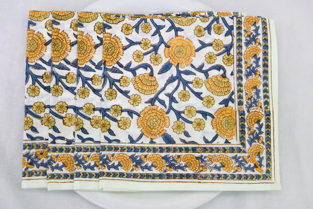Hand Block Printed Cotton Napkins | Elegant Table Linen- Yellow and Blue