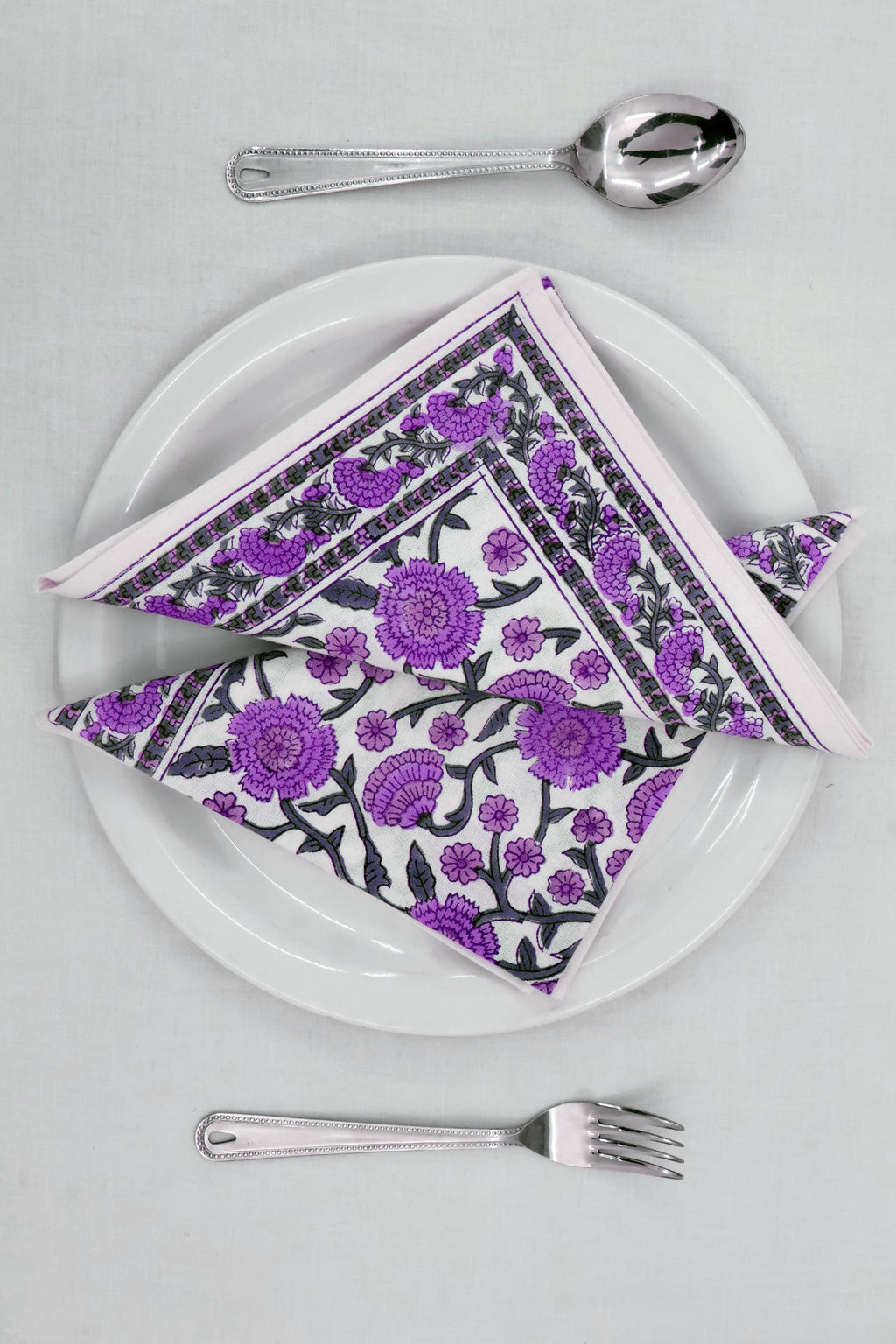 Hand Block Printed Cotton Napkins | Elegant Table Linen- Purple and Grey