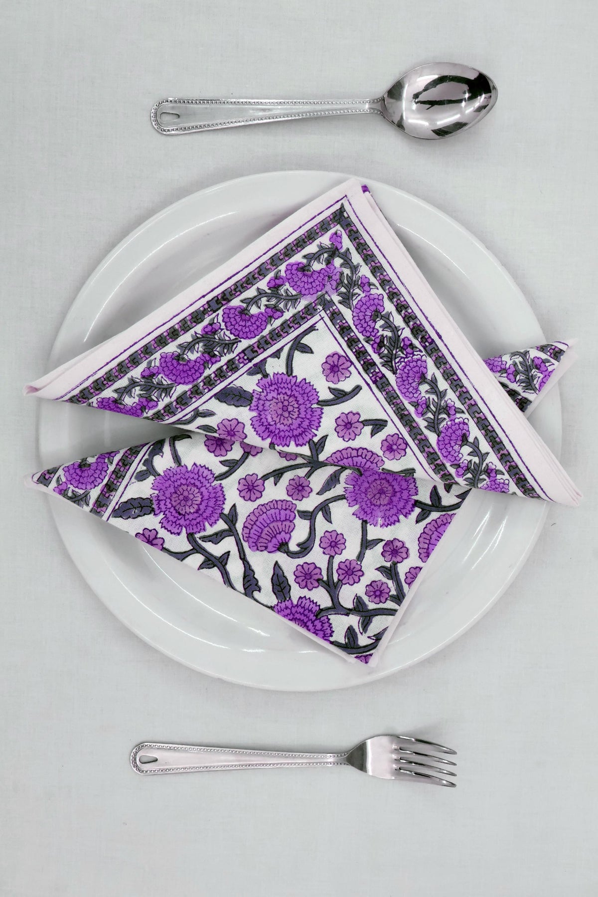 Hand Block Printed Cotton Napkins | Elegant Table Linen- Purple and Grey