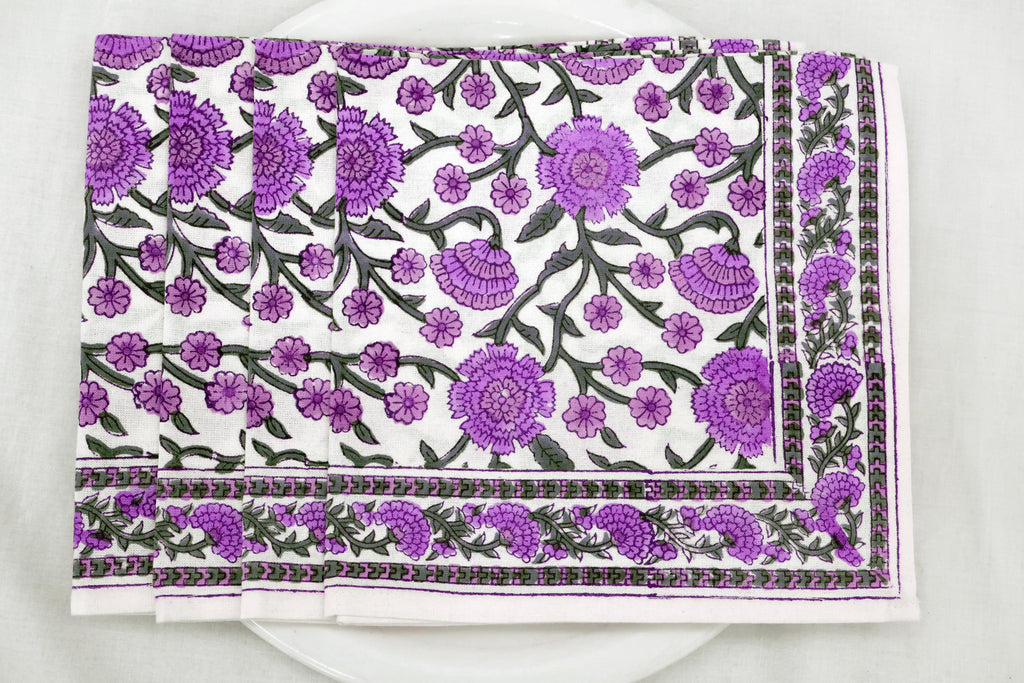 Hand Block Printed Cotton Napkins | Elegant Table Linen- Purple and Grey