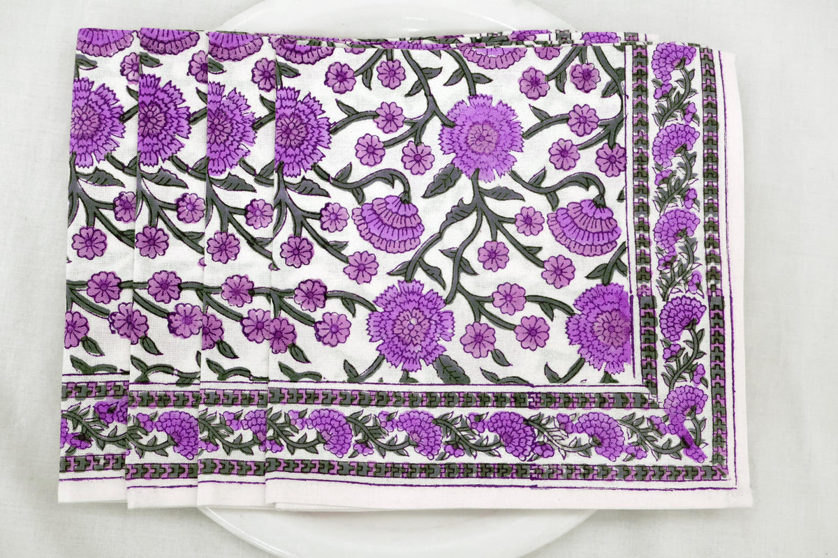 Hand Block Printed Cotton Napkins | Elegant Table Linen- Purple and Grey