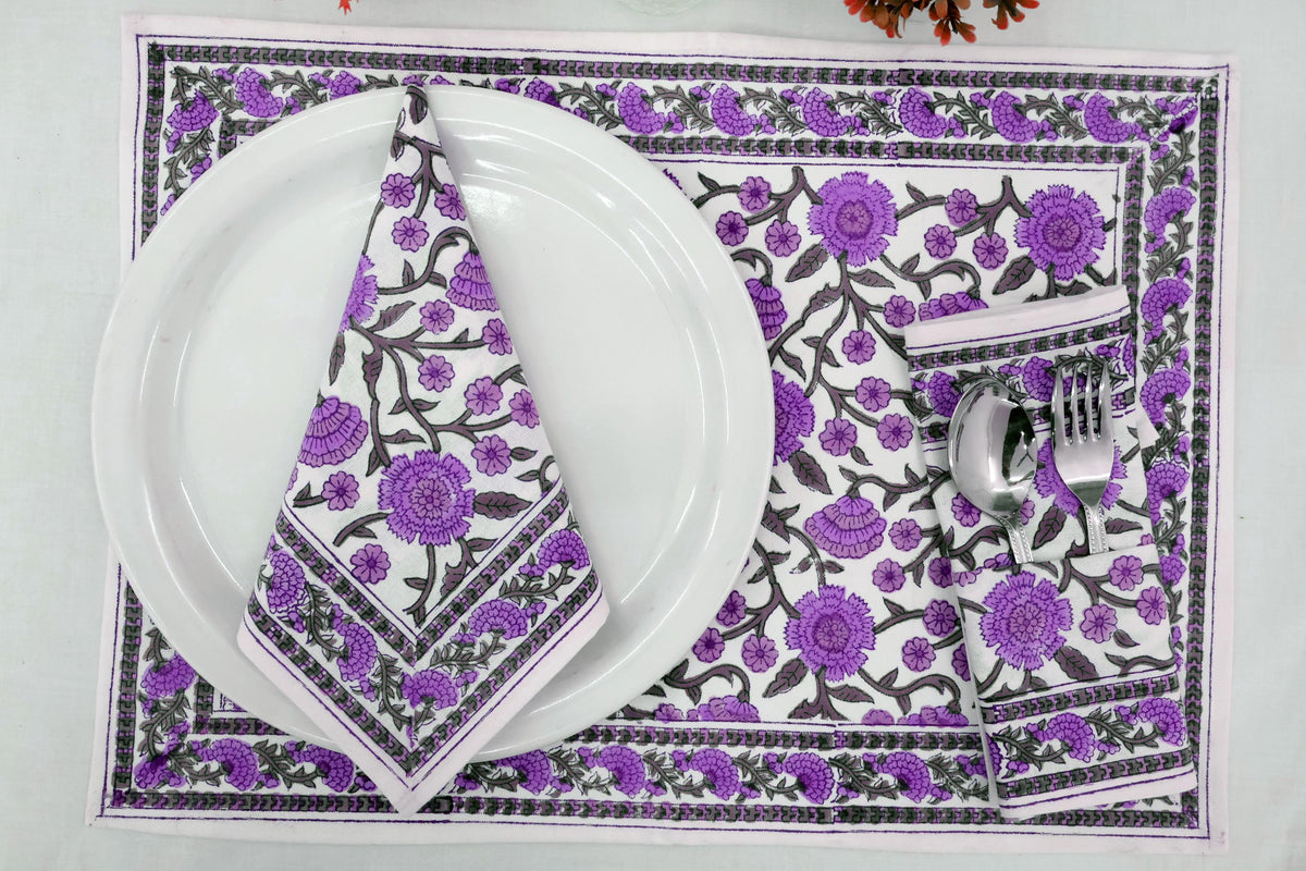 Hand Block Printed Cotton Napkins | Elegant Table Linen- Purple and Grey