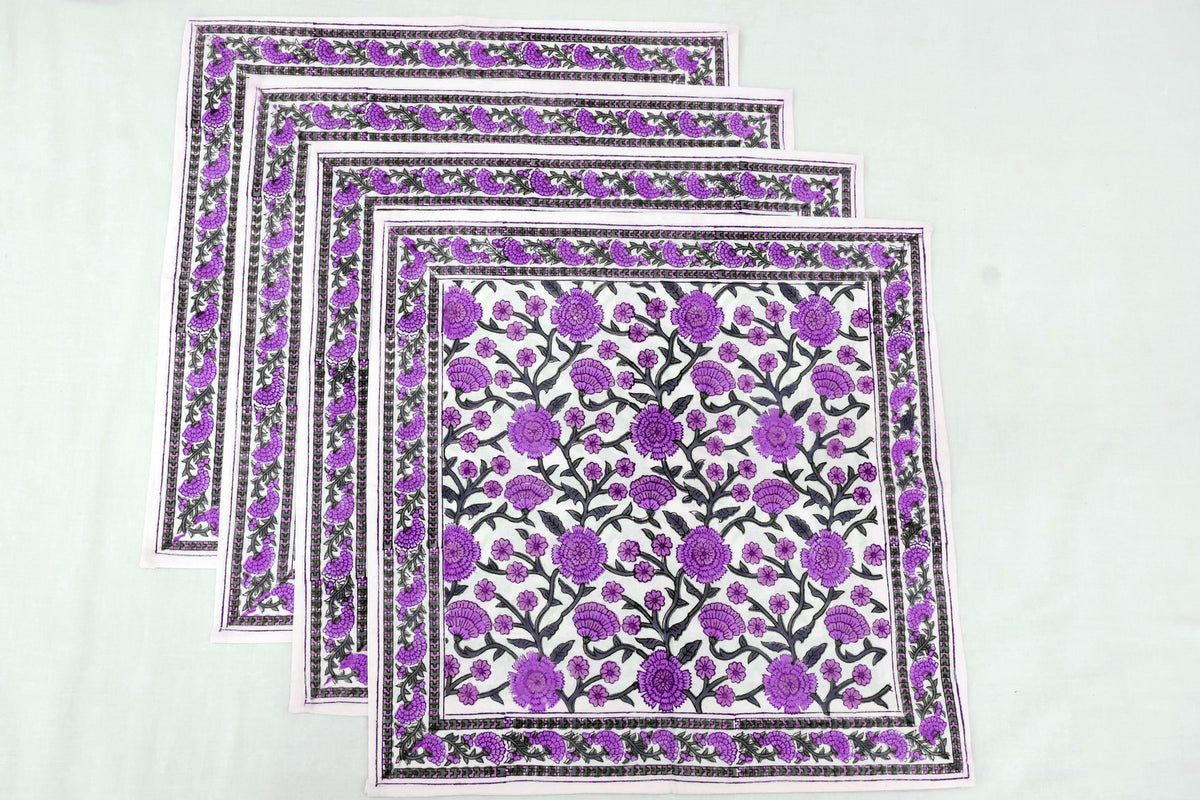 Hand Block Printed Cotton Napkins | Elegant Table Linen- Purple and Grey