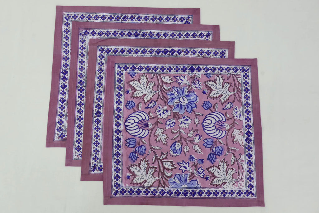 Hand Block Printed Cotton Napkins | Elegant Table Linen- Pink and Blue