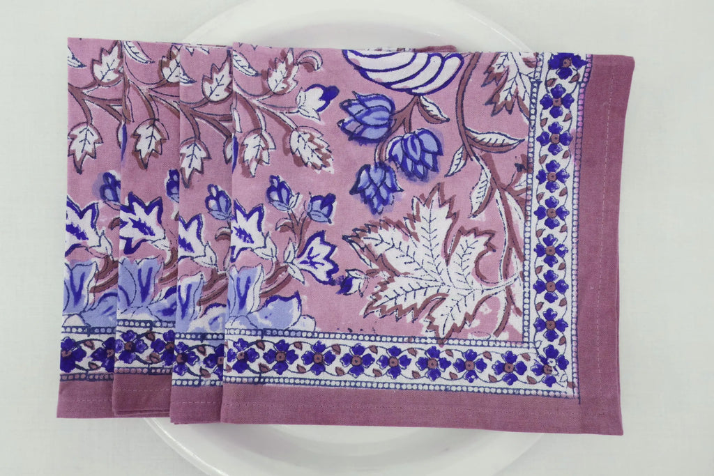 Hand Block Printed Cotton Napkins | Elegant Table Linen- Pink and Blue