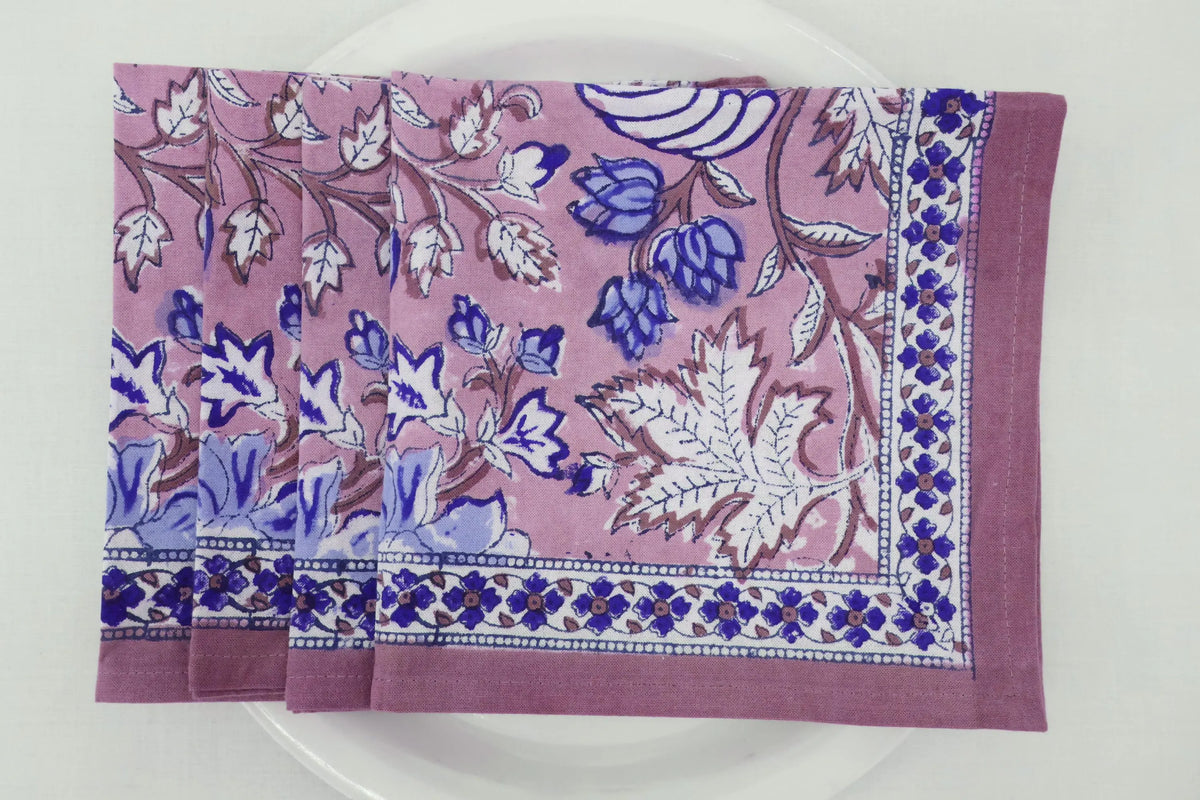 Hand Block Printed Cotton Napkins | Elegant Table Linen- Pink and Blue