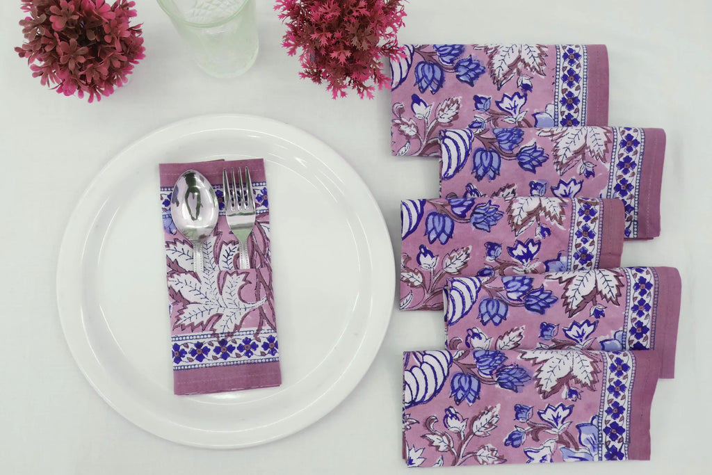Hand Block Printed Cotton Napkins | Elegant Table Linen- Pink and Blue
