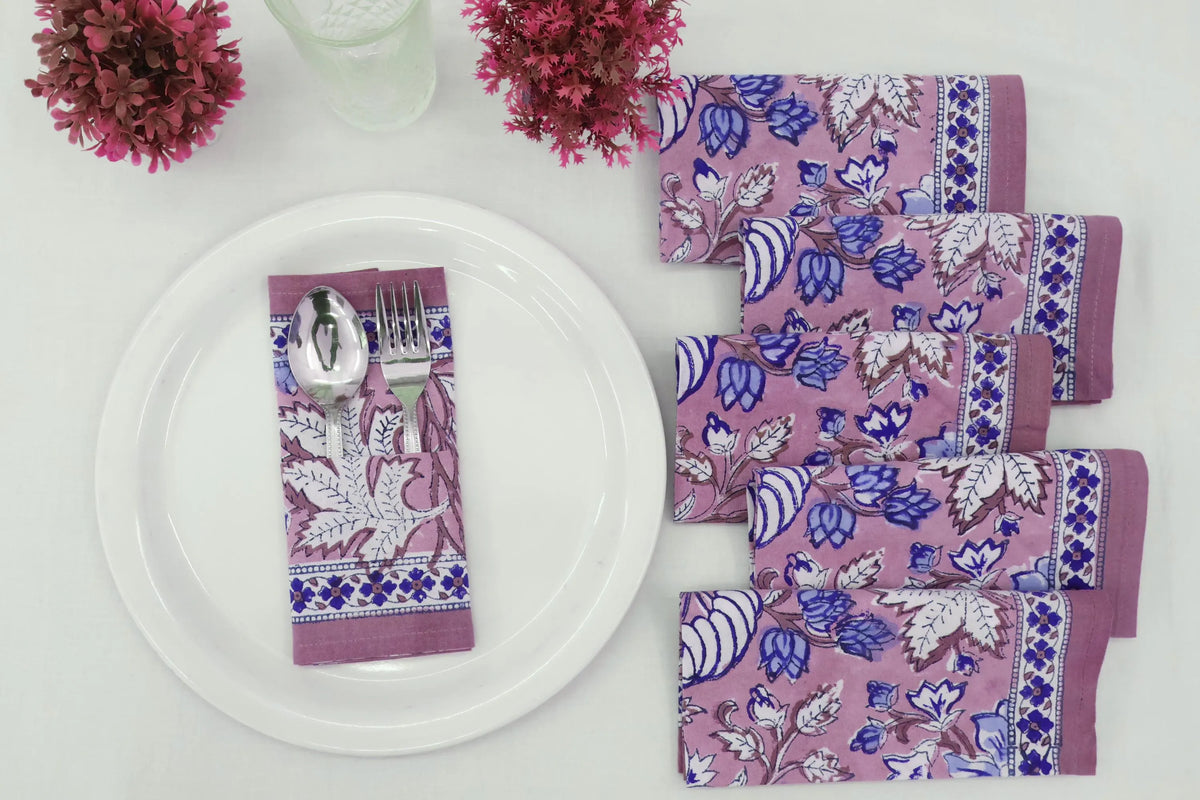 Hand Block Printed Cotton Napkins | Elegant Table Linen- Pink and Blue