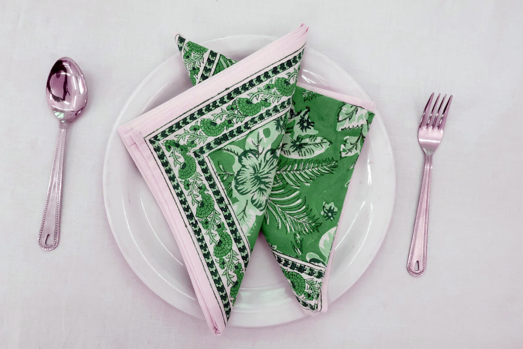 Hand Block Printed Cotton Napkins | Elegant Table Linen- Green and White