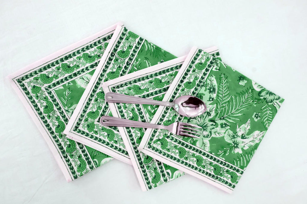 Hand Block Printed Cotton Napkins | Elegant Table Linen- Green and White