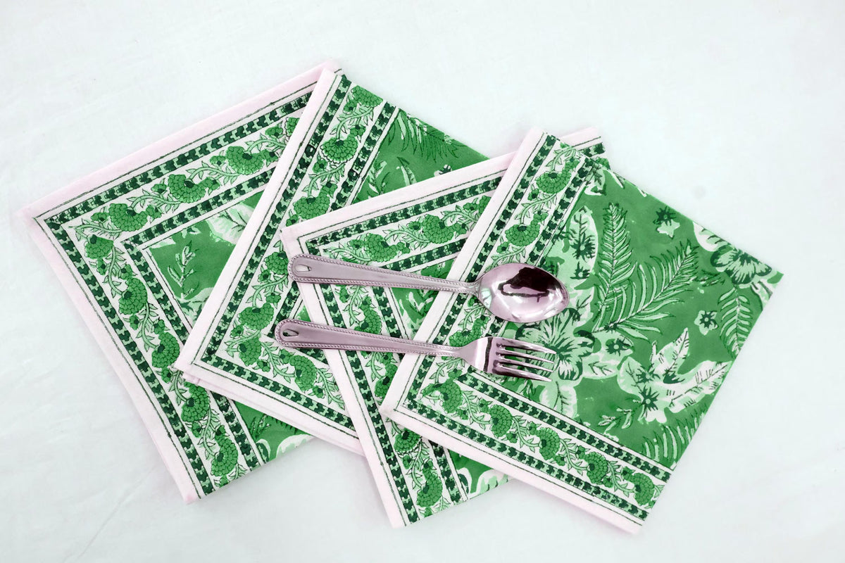 Hand Block Printed Cotton Napkins | Elegant Table Linen- Green and White