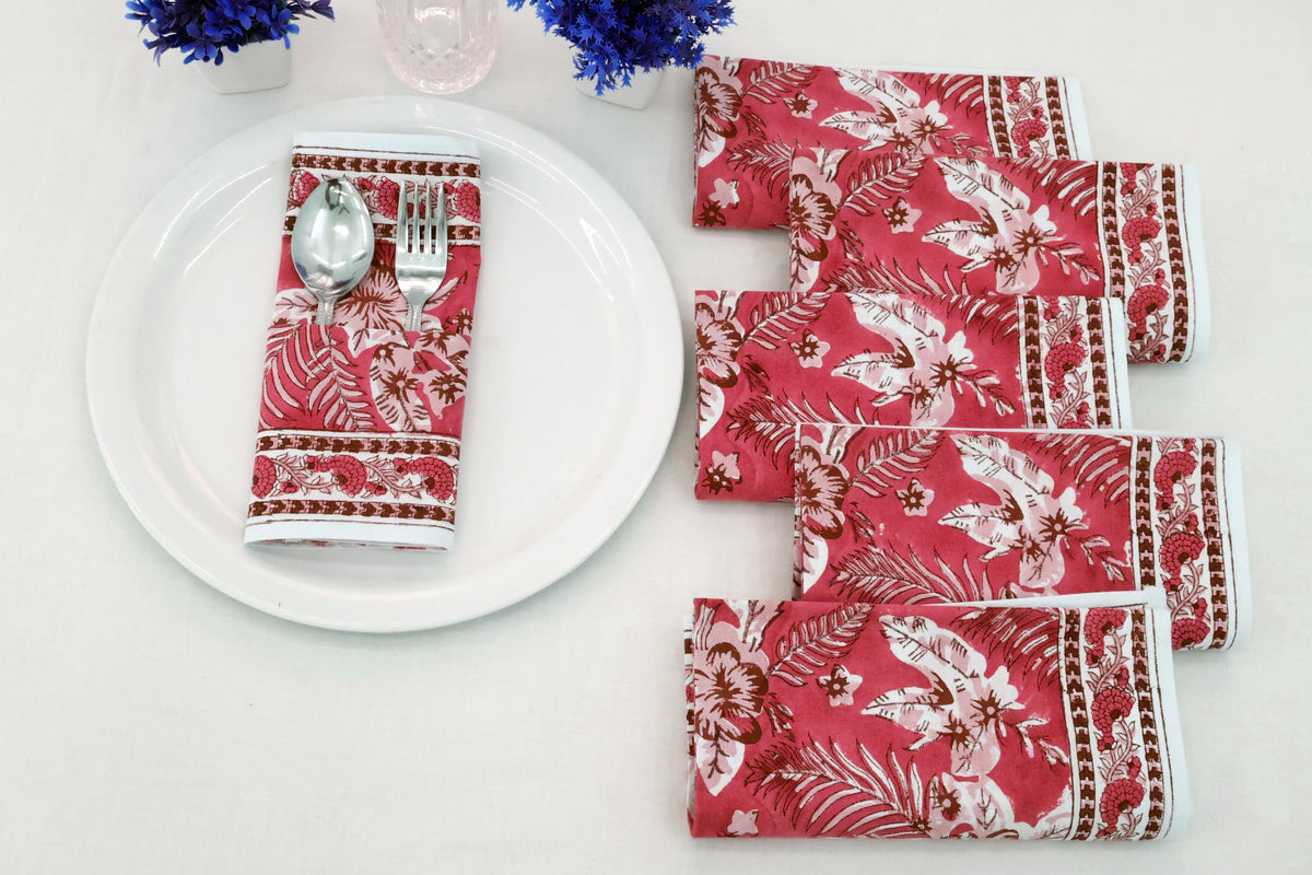Hand Block Printed Cotton Napkins | Elegant Table Linen- Red and Pink