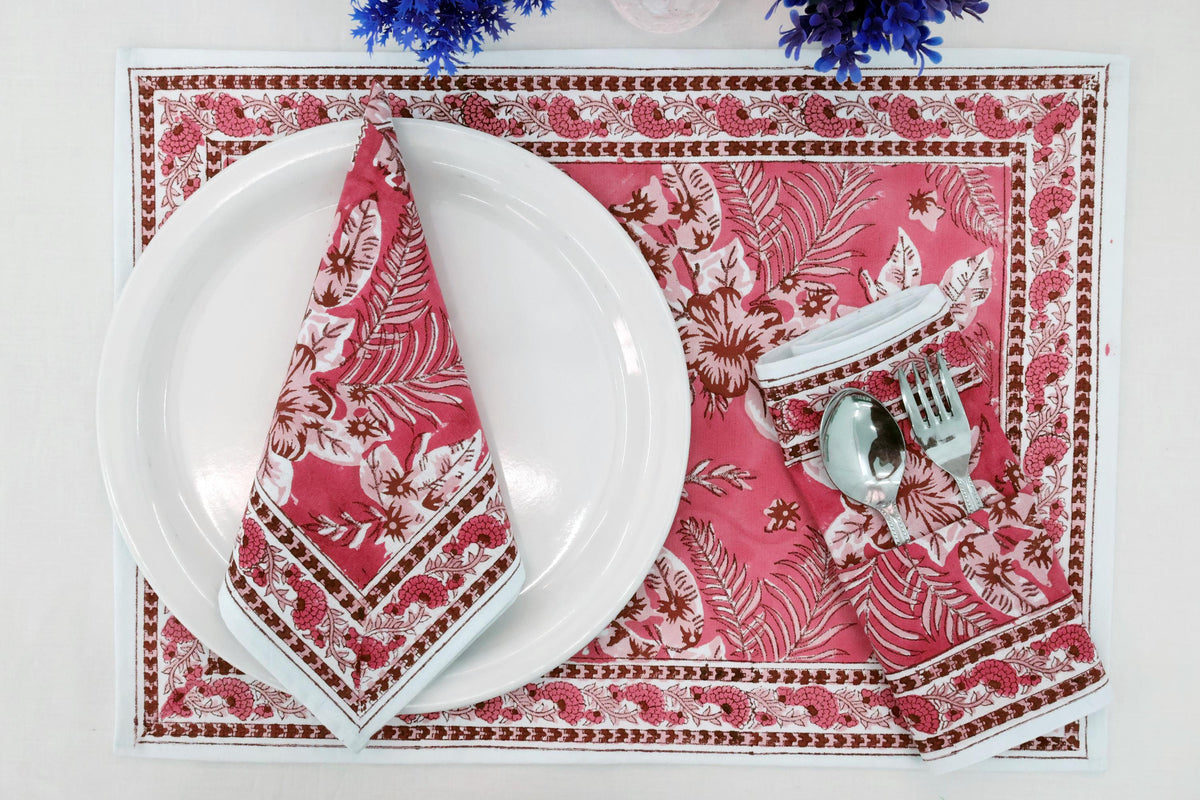 Hand Block Printed Cotton Napkins | Elegant Table Linen- Red and Pink