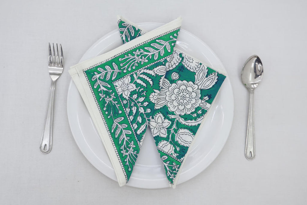 Hand Block Printed Cotton Napkins | Elegant Table Linen- Green and White