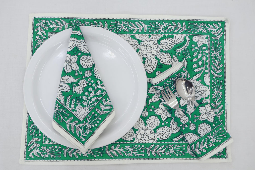 Hand Block Printed Cotton Napkins | Elegant Table Linen- Green and White