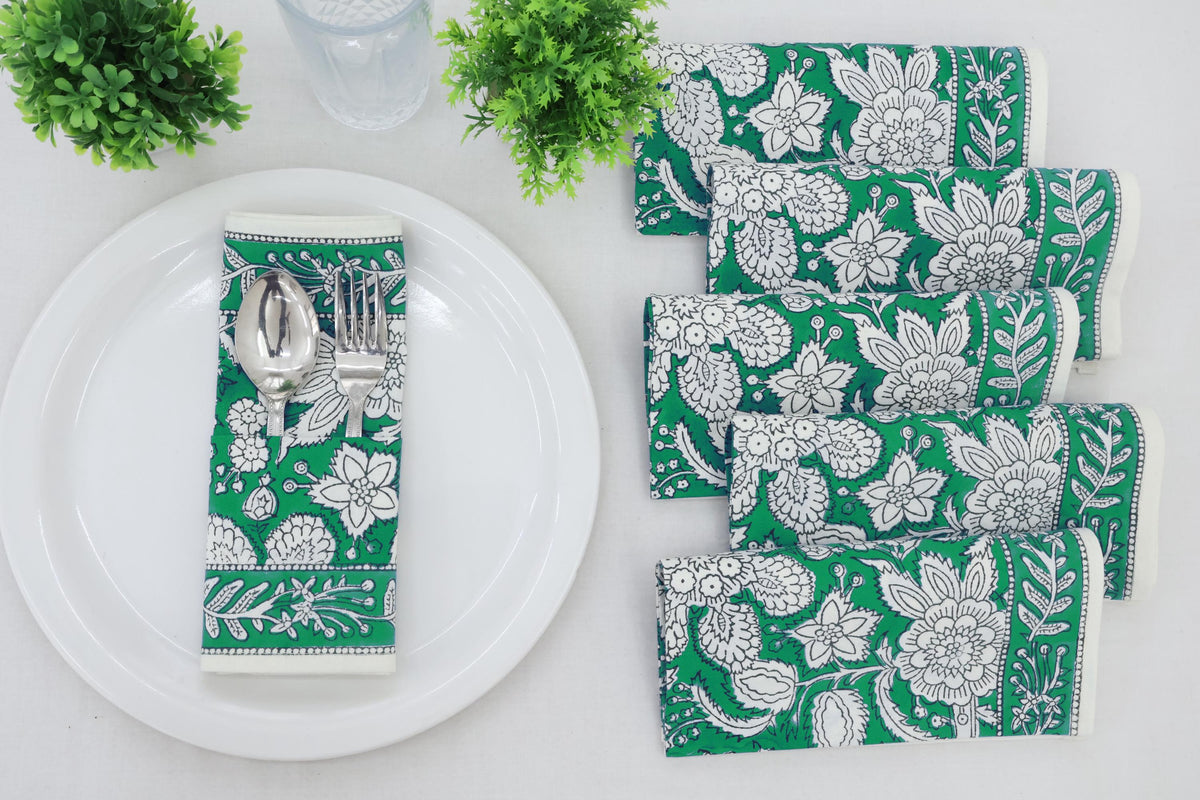 Hand Block Printed Cotton Napkins | Elegant Table Linen- Green and White