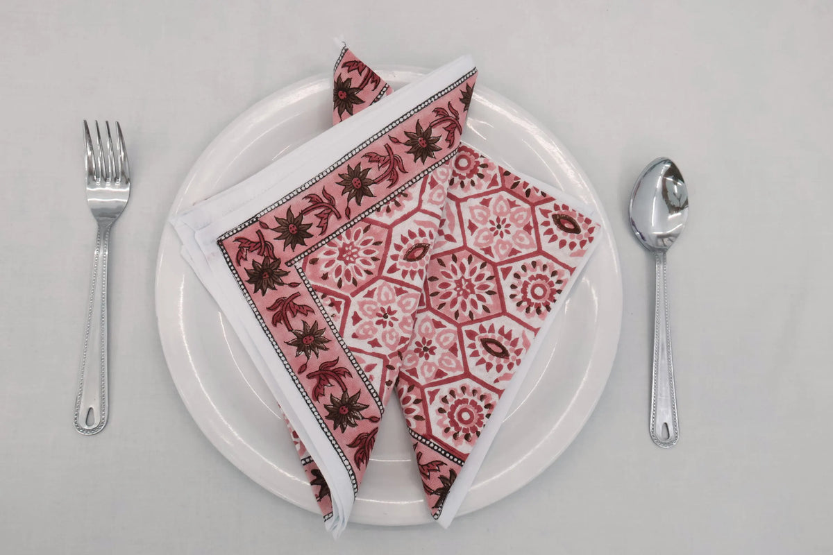 Hand Block Printed Cotton Napkins | Elegant Table Linen- Red and Pink