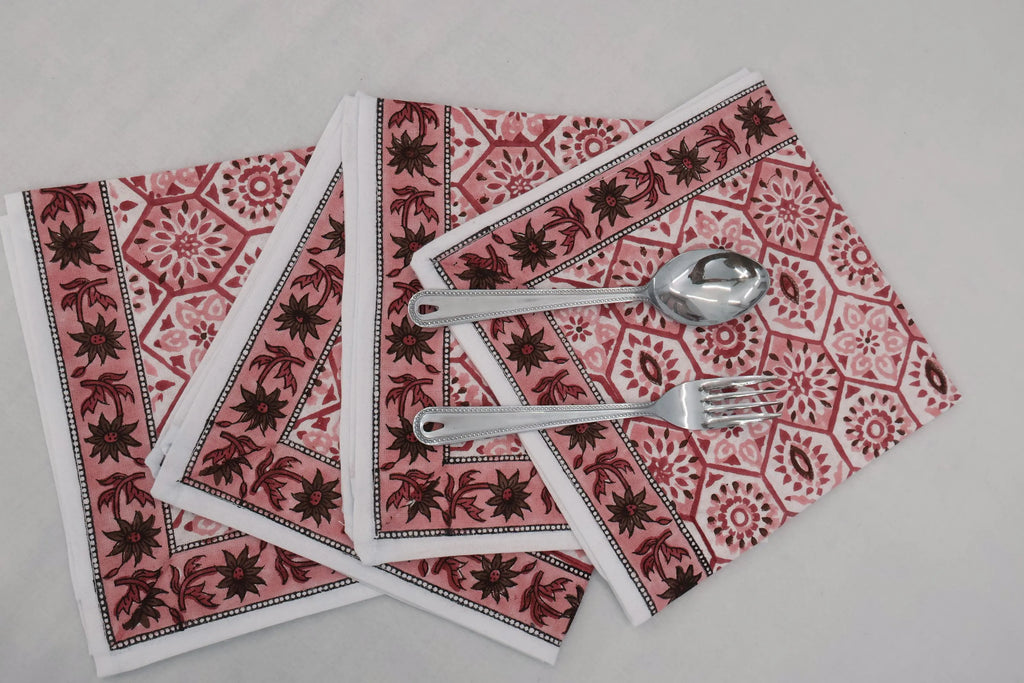 Hand Block Printed Cotton Napkins | Elegant Table Linen- Red and Pink