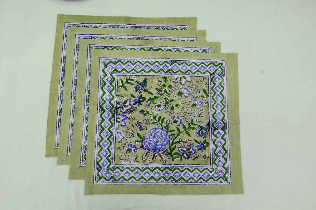 Hand Block Printed Cotton Napkins | Elegant Table Linen- Green and Blue