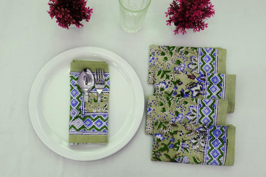 Hand Block Printed Cotton Napkins | Elegant Table Linen- Green and Blue
