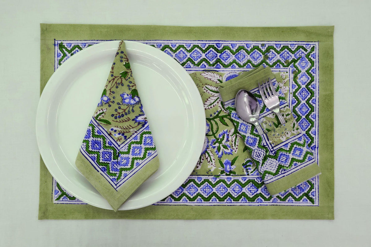 Hand Block Printed Cotton Napkins | Elegant Table Linen- Green and Blue
