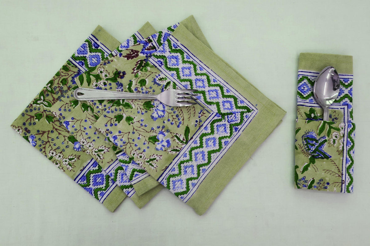 Hand Block Printed Cotton Napkins | Elegant Table Linen- Green and Blue