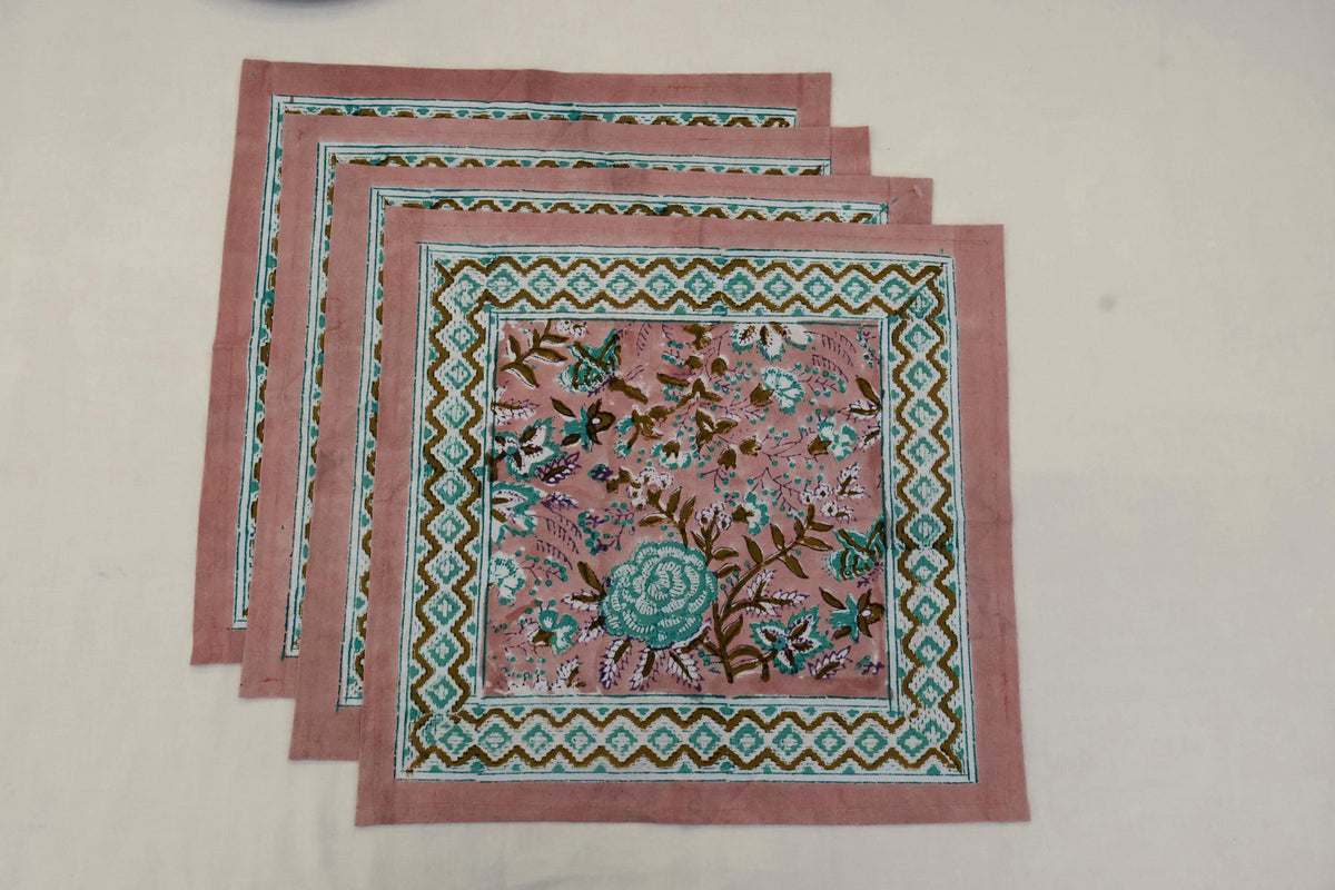 Hand Block Printed Cotton Napkins | Elegant Table Linen- Pink and Blue