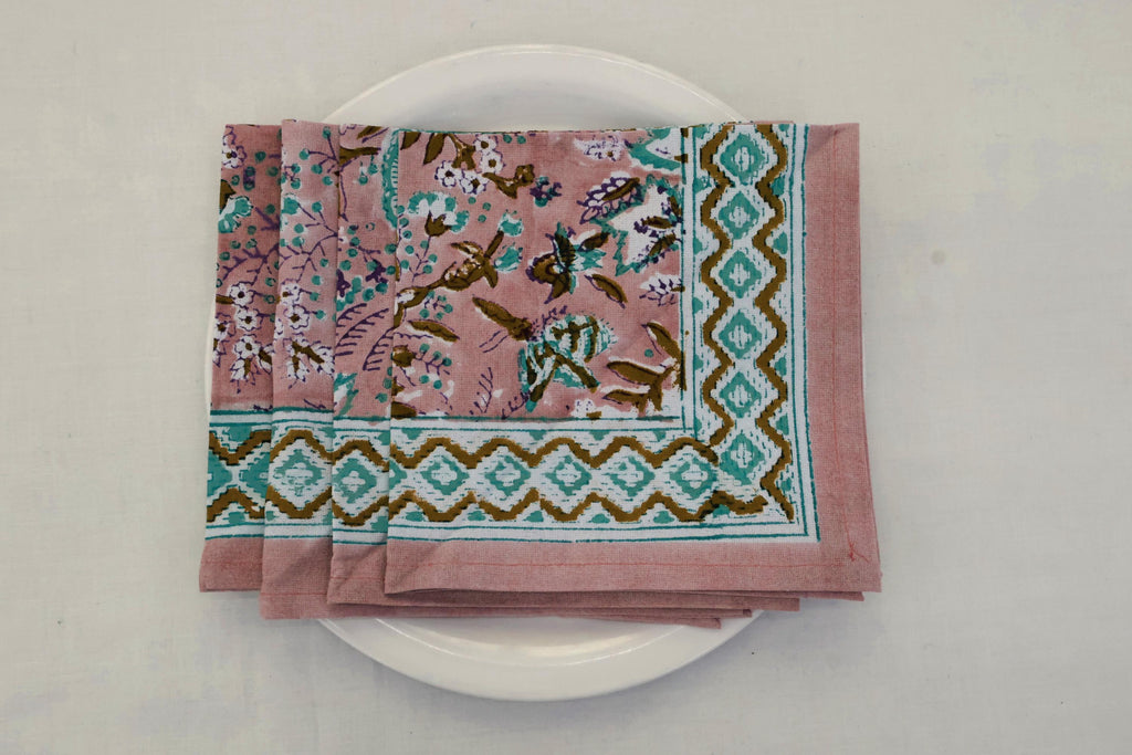 Hand Block Printed Cotton Napkins | Elegant Table Linen- Pink and Blue