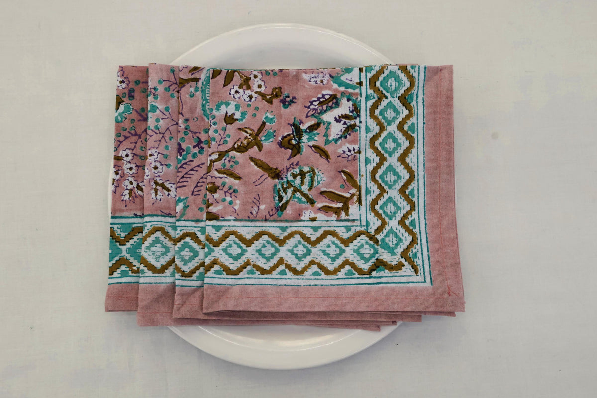 Hand Block Printed Cotton Napkins | Elegant Table Linen- Pink and Blue